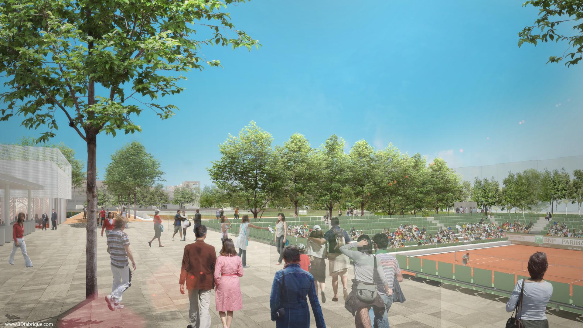 © FFT / 2013 Architectes : Atelier d’architecture Chaix & Morel et associés, ACD Girardet et associés, Daniel Vaniche et Associés. Paysagistes : Equipe Corajoud Perspectiviste : 3dfabrique Vue du nouveau court au Fonds des Princes© FFT / 2013 Architectes : Atelier d’architecture Chaix & Morel et associés, ACD Girardet et associés, Daniel Vaniche et Associés. Paysagistes : Equipe Corajoud Perspectiviste : 3dfabrique